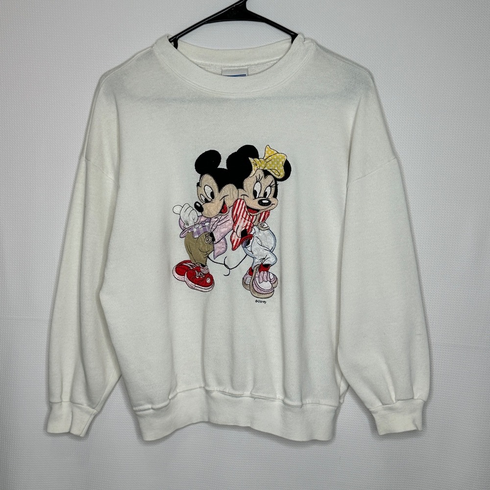 Vintage Disney Sweatshirt Mickey & Minnie Mouse White Embroidered size Small